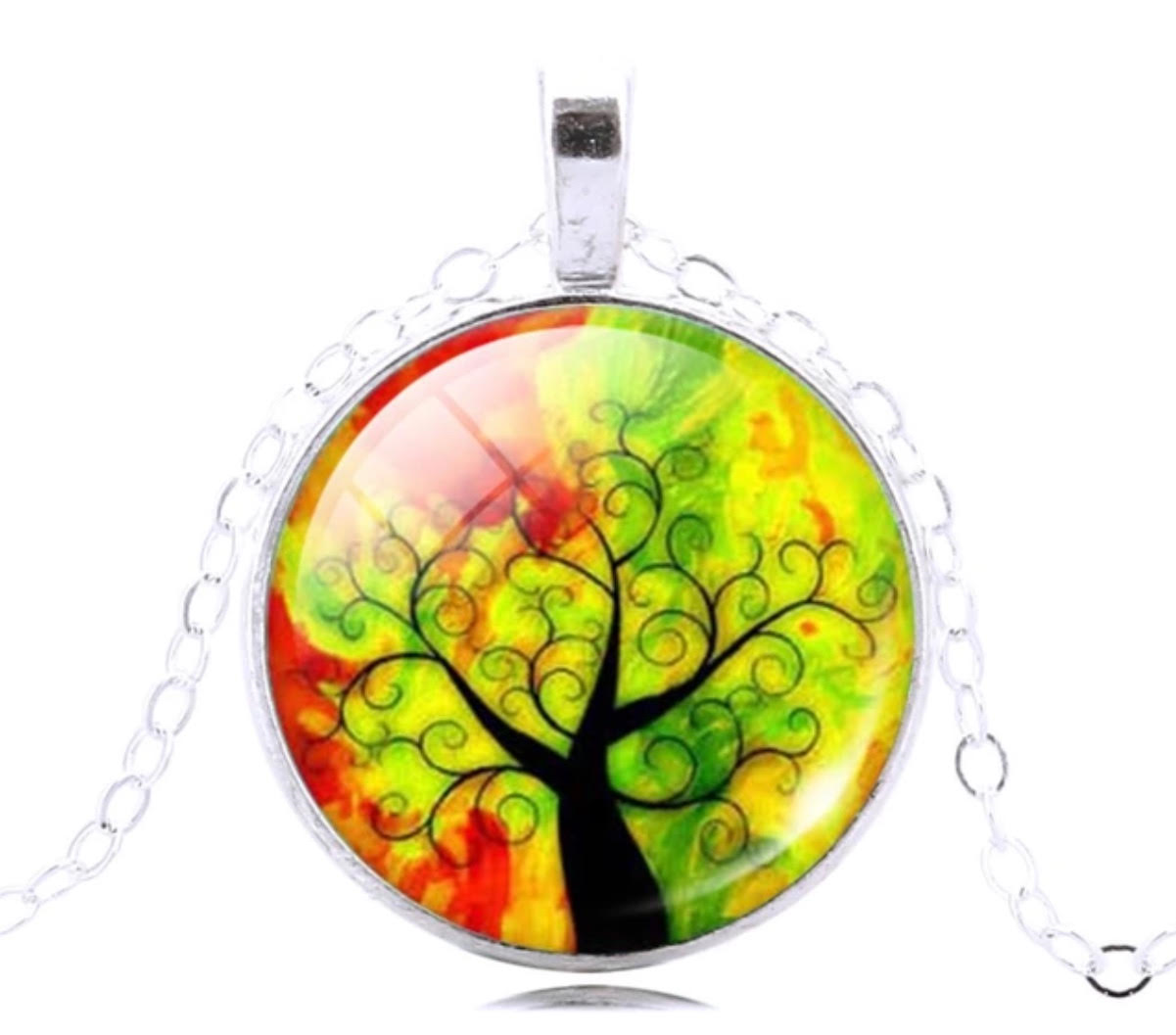 Cabochon hanger met ketting levensboom geel zilver